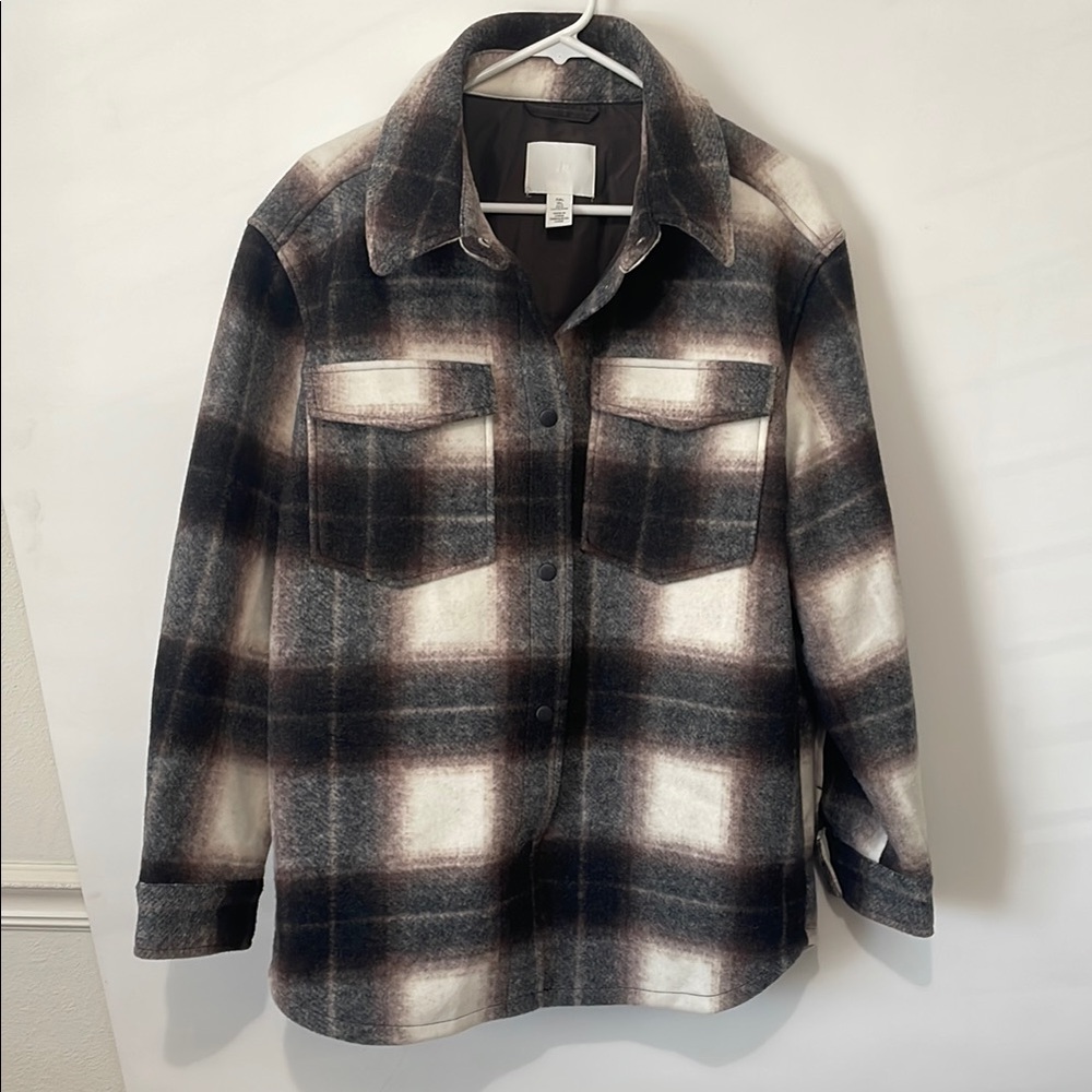 H&M Brown Plaid Button-Up Shirt Jacket L